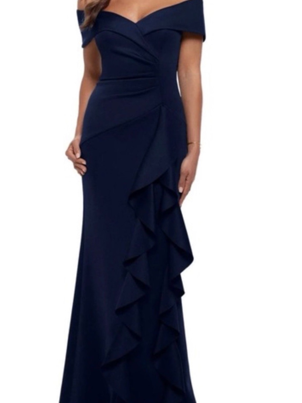 Xscape Navy One-Shoulder Ruffle Evening Gown